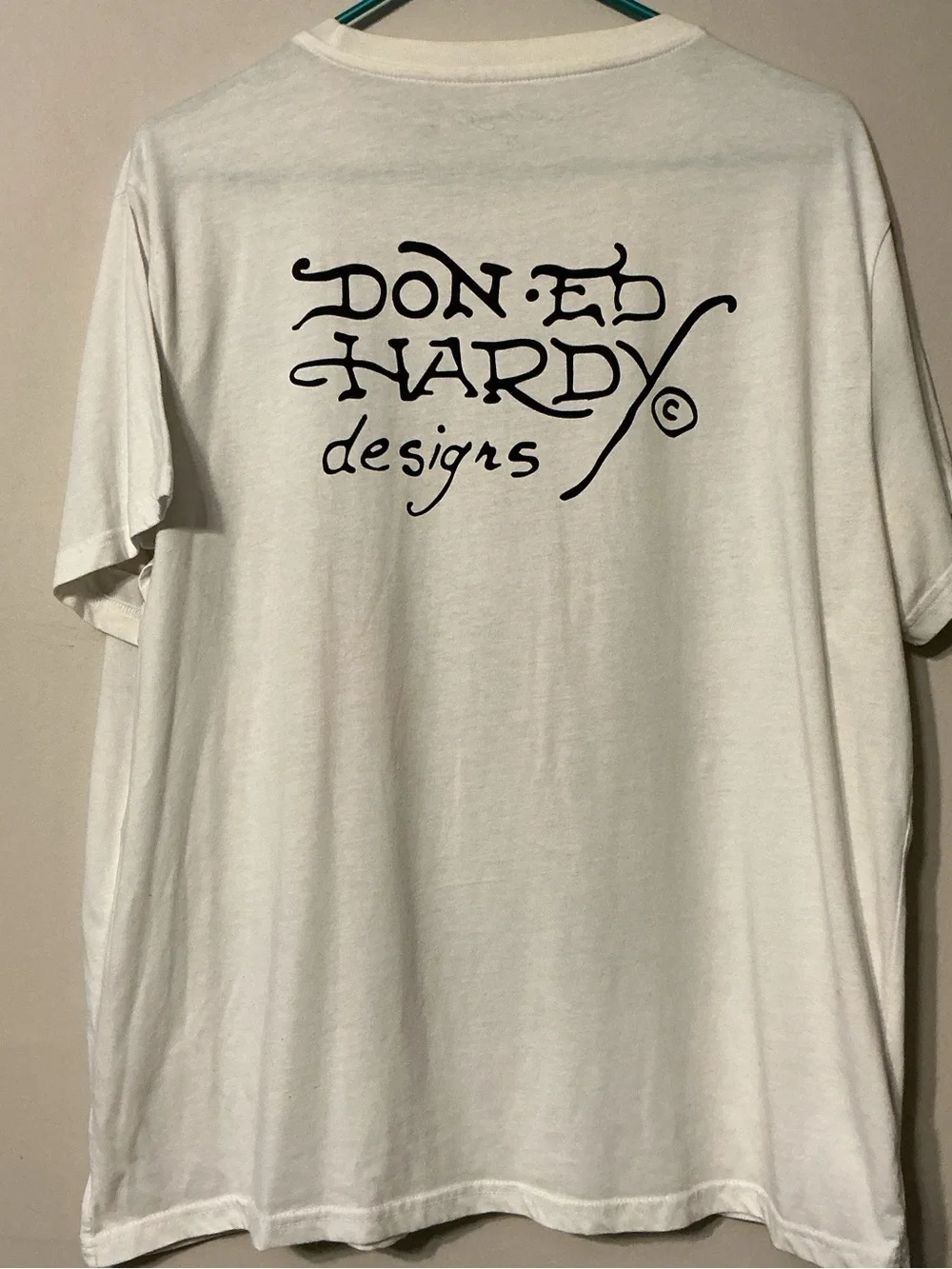Ed Hardy White Tee with Flaming Skull and Crossed Swords Graphic